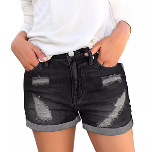 欧美风女士破洞短裤日常休闲直筒裤Ladies' ripped casual shorts