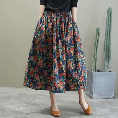 Big size printed high waist A-word skirt 印花高腰A字半身裙女