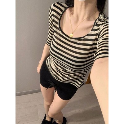 欧美风条纹方领中袖免烫T恤女士