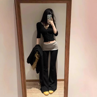 Low waist turned up slim tight pants低腰撞色翻边修身微喇长裤