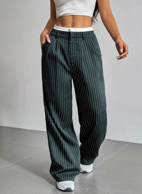 Checkered striped wide leg suit pants 撞色拼接条纹阔腿西装裤