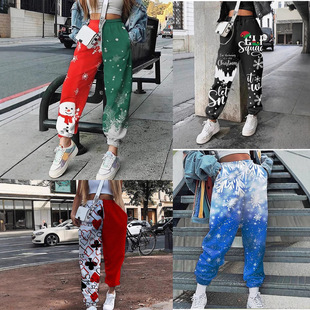 欧美风印花束脚裤女宽松百搭潮流休闲裤直筒运动裤Women trousers