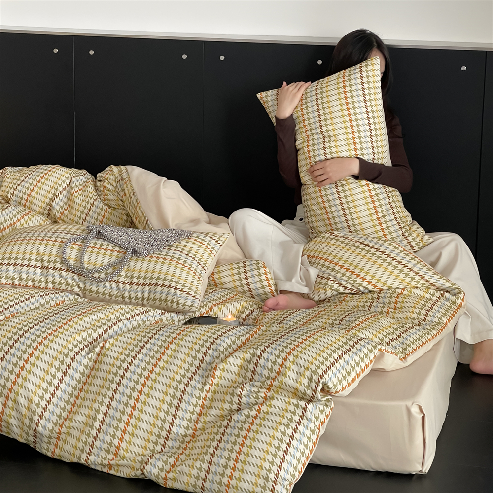 秋冬复古千鸟格全棉轻磨毛四件套50支轻奢床品加厚纯棉床单被套