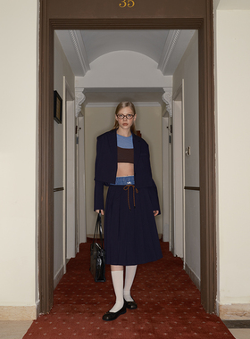 DKZ 深蓝色短款西装外套女秋季新款复古立体剪裁一字扣上衣