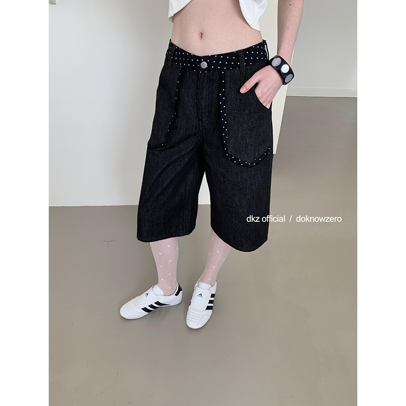 DKZ 黑色波点拼接牛仔中裤女夏季新款直筒裤子