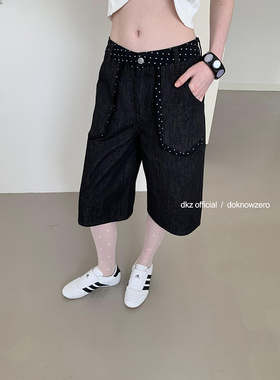 DKZ 黑色波点拼接牛仔中裤女夏季新款直筒裤子