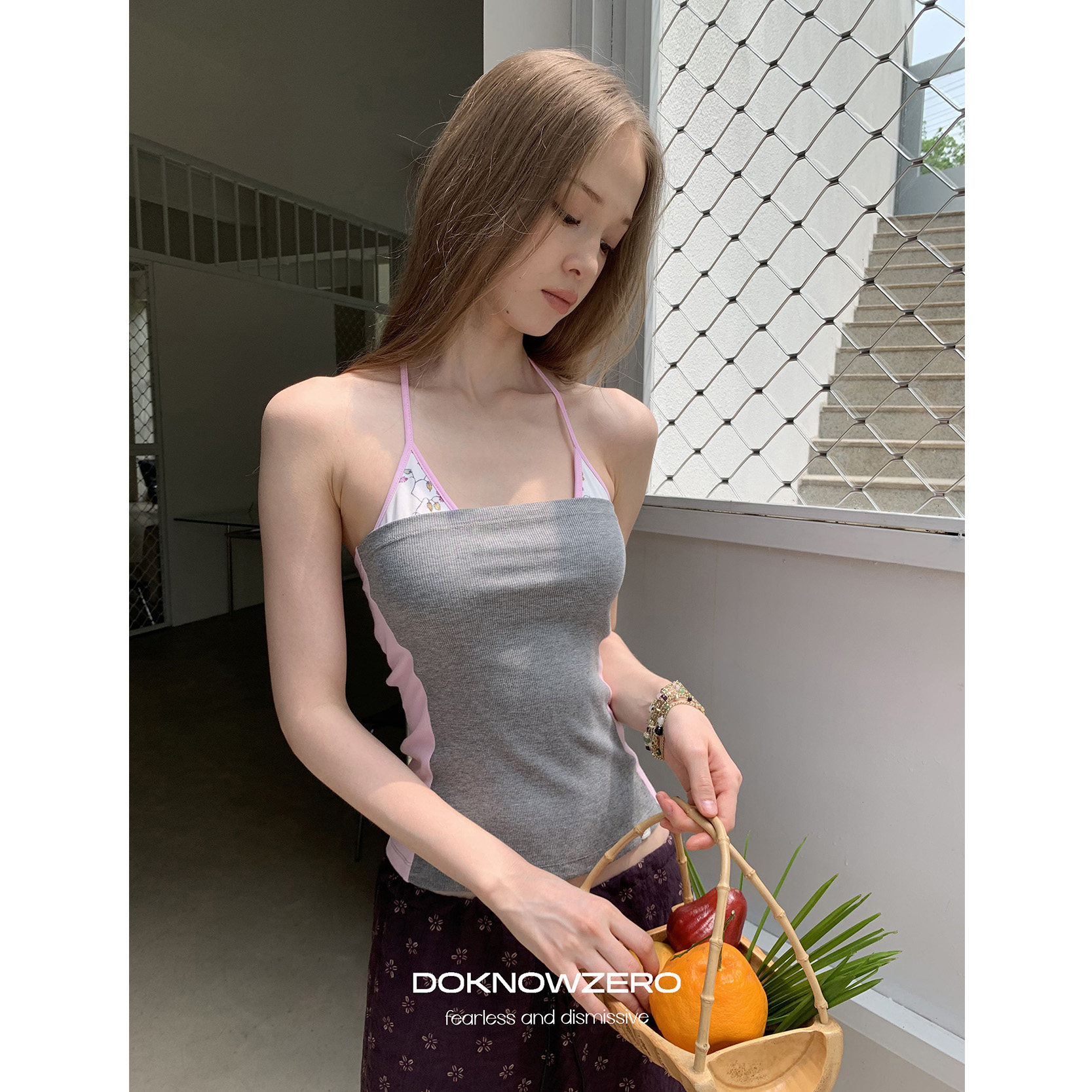 DKZ 夏季新款针织撞色设计感抹胸修身显瘦上衣