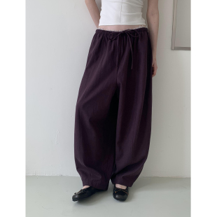 宽松复古抽绳松紧腰头长裤 DKZ 新款 女秋季 蕾丝拼接休闲裤