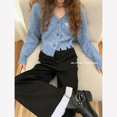 秋冬不规则破洞设计感软糯毛衣开衫 DKZ 蓝色短款 外套