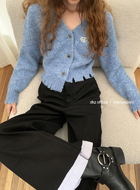 DKZ 蓝色短款秋冬不规则破洞设计感软糯毛衣开衫外套