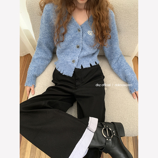DKZ 蓝色短款秋冬不规则破洞设计感软糯毛衣开衫外套