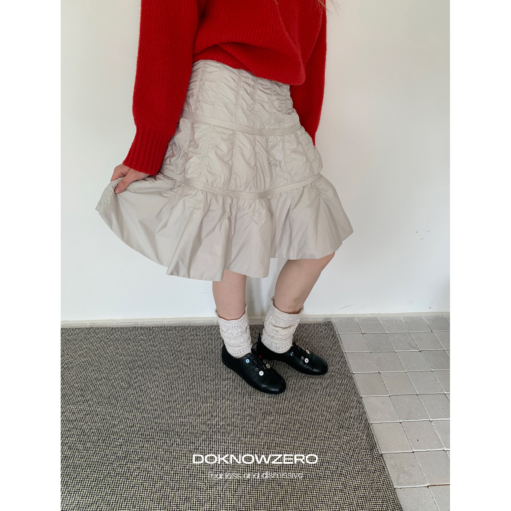 【现货】DKZ 夹棉半身裙女秋冬新款宽松重工褶皱荷叶边中裙