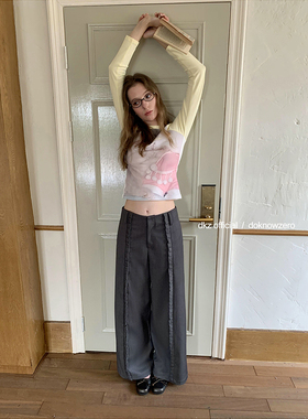 DKZ 秋冬新款木耳边拼接灰色阔腿宽松休闲西裤