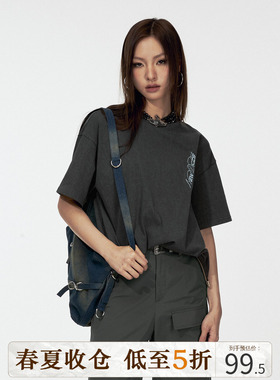 DKZ潮牌纯棉刺绣折边街头中性风短袖T恤宽松百搭显瘦冷淡系上衣