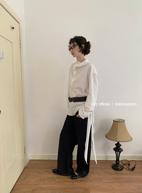 DKZ 白色长袖衬衫女秋季新款宽松立领衬衣外套/无腰带