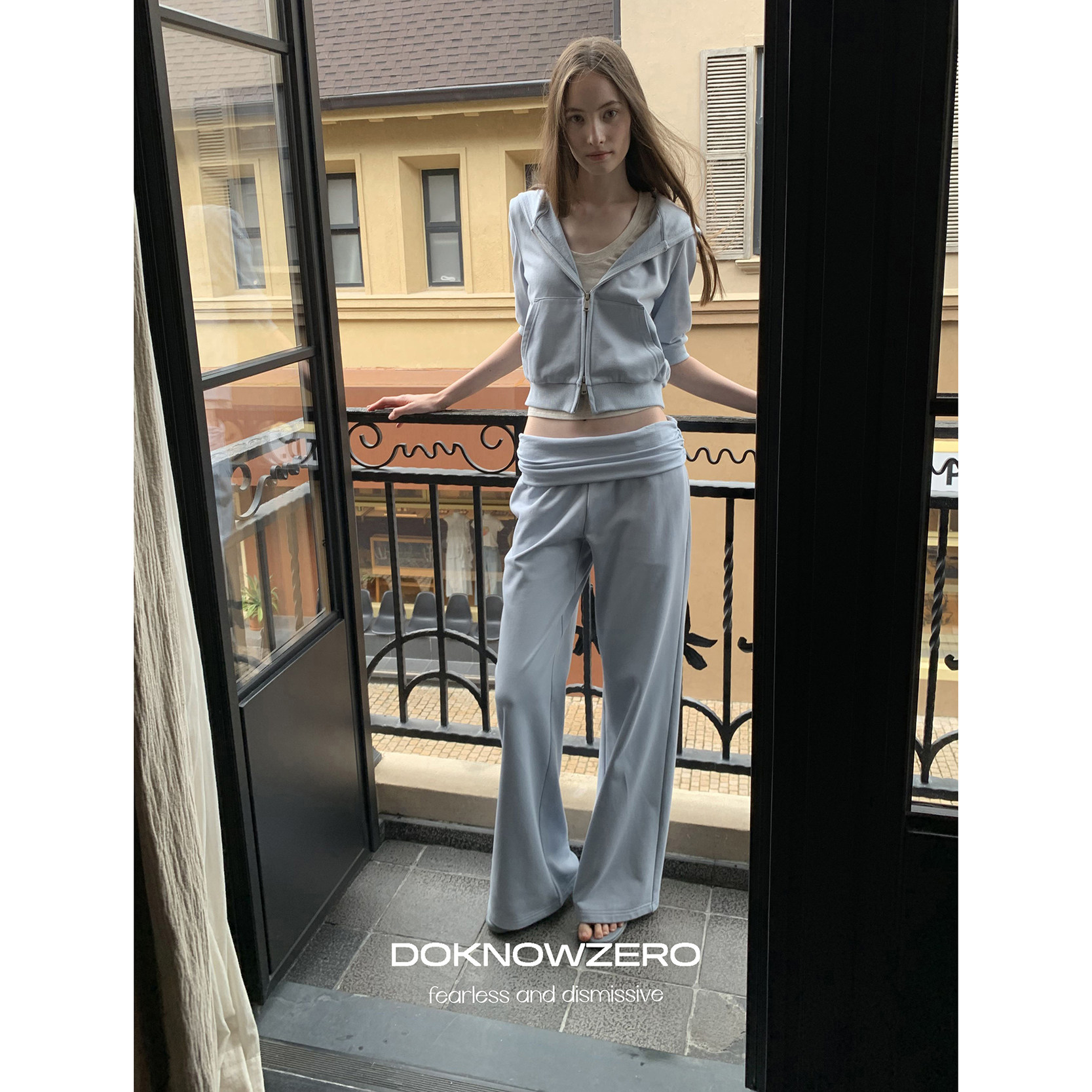 DKZ 中袖连帽开衫卫衣外套 初秋翻褶微喇休闲卫裤两件套