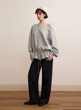 DKZ 灰色一字肩卫衣女秋季宽松通勤拼接抽绳下摆上衣