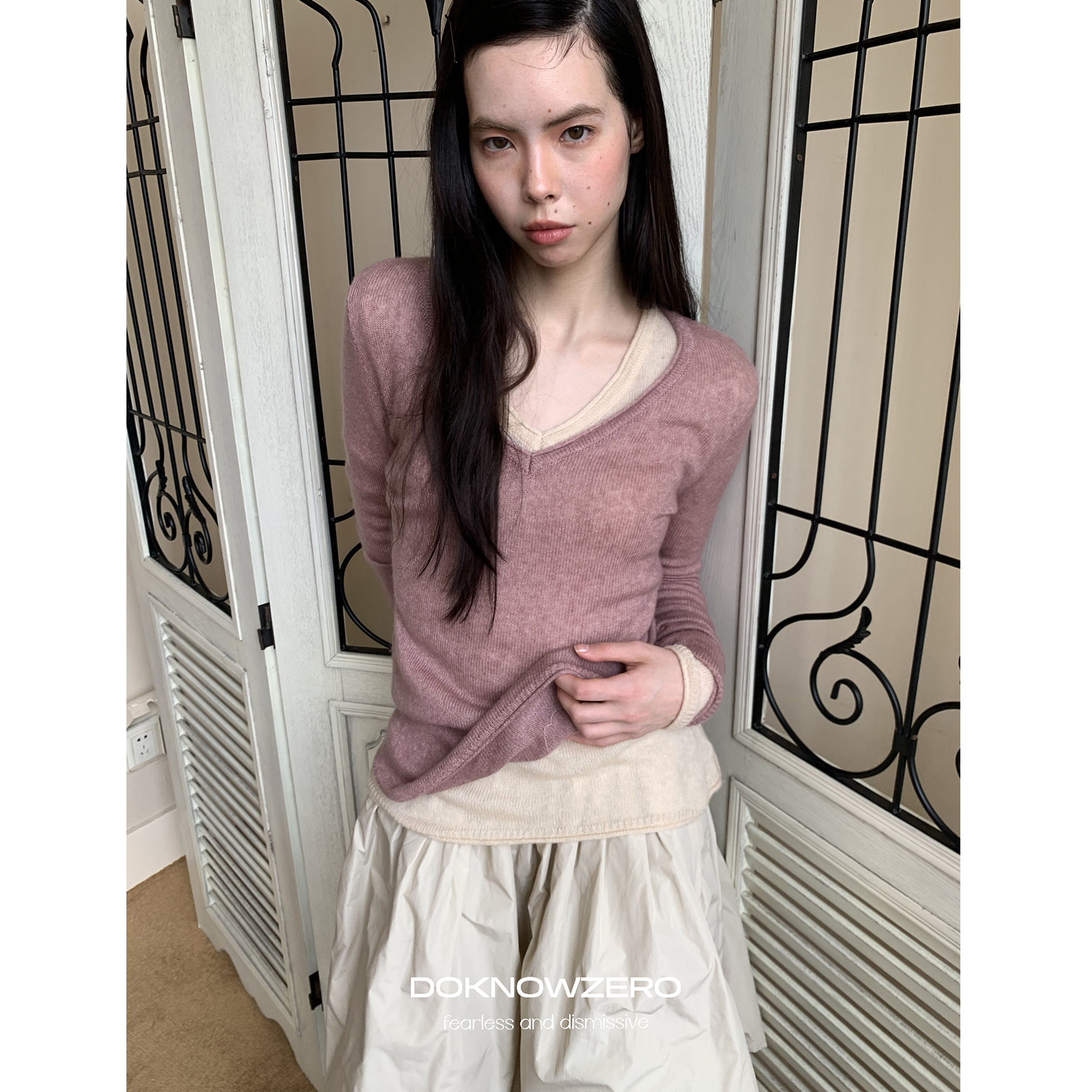 DKZ 绵羊毛莱赛尔混纺v领毛衣女秋季新款亲肤舒适感针织上衣
