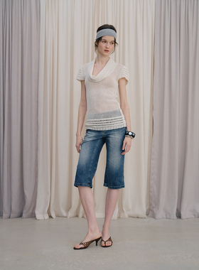 DKZ 荡领针织镂空短袖女春夏新款通勤内搭针织上衣