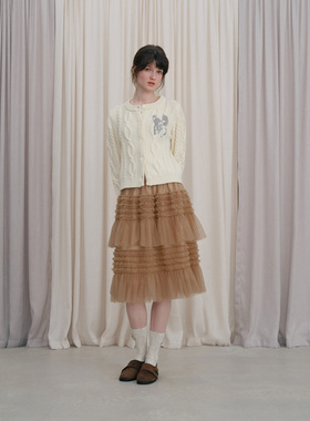 DKZ 蓬蓬网纱半身裙女春季新款宽松荷叶边蕾丝拼接层次感蛋糕裙