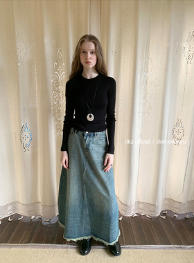 DKZ 蓝色牛仔半身裙女秋季新款宽松复古水洗a字中长裙