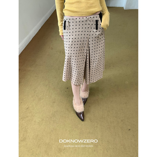 DKZ 杏色波点羊毛半身裙女秋季新款复古不规则设计中裙