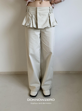 DKZ  杏色花苞拼接休闲裤女秋冬新款直筒韩版长裤