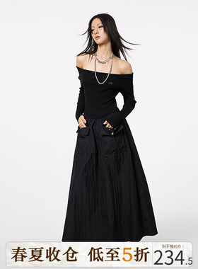 DKZ 高级感超好看一字领露肩黑色连衣长裙秋季2023年新款女装裙子