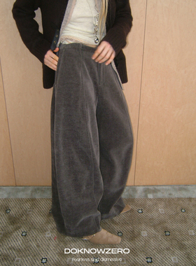 DKZ 咖色廓形灯芯绒休闲裤女秋冬新款宽松复古弯刀裤