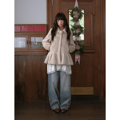 【现货】DKZ 宫廷风娃娃领环保皮草外套女冬季新款宽松上衣