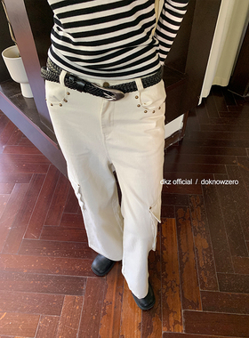 DKZ 白色工装休闲裤女新款中腰直筒美式复古长裤