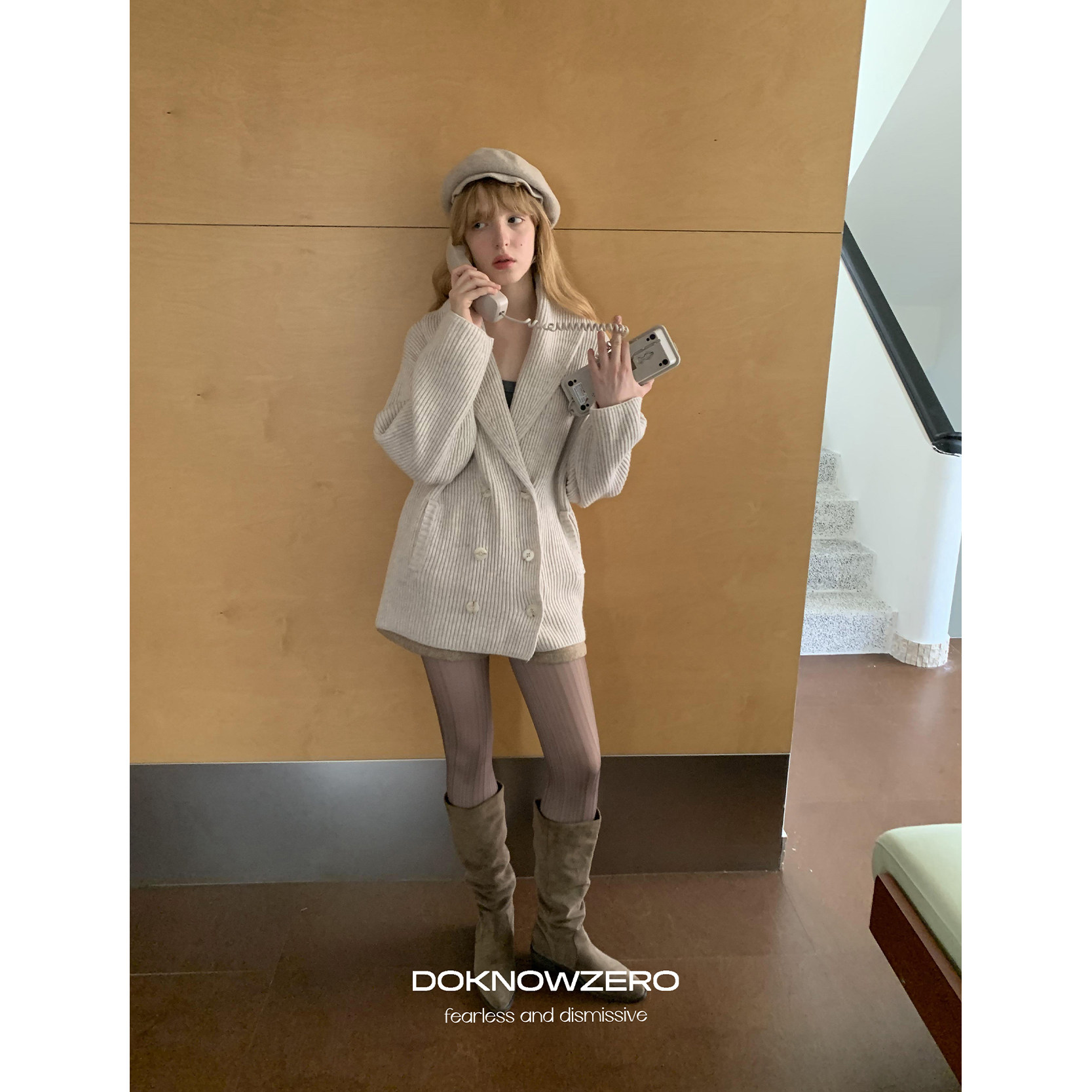 DKZ 中长款青果领毛衣开衫女冬季新款慵懒双排扣针织上衣