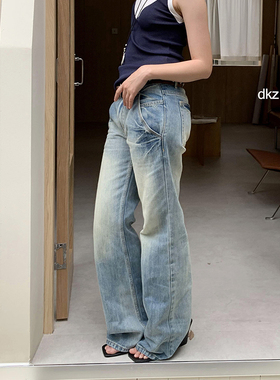 DKZ 蓝色微喇牛仔裤女夏季新款显瘦水洗闪电纹长裤