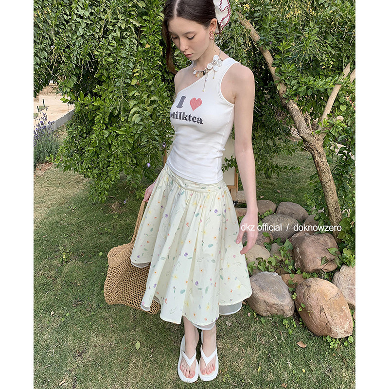 DKZ 杏色碎花印花半身裙女春夏新款宽松复古韩系中裙