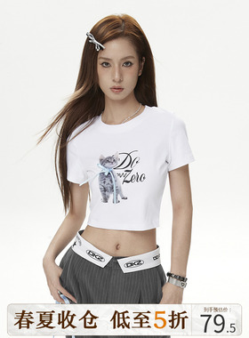 DKZ 猫咪印花白色短袖t恤女生2023年短款abg辣妹漂亮上衣