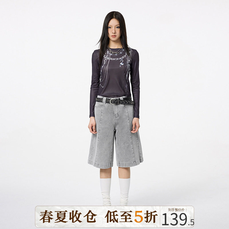 DKZ 浅色复古水洗做旧牛仔中裤女欧美宽松休闲显瘦直筒阔腿短裤子