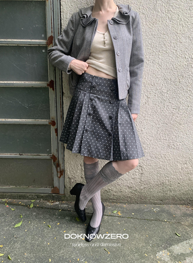 DKZ 灰色色纺波点印花半身裙女秋季新款宽松英伦风百褶裙