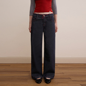 深蓝色直筒牛仔裤 女秋季 新款 DKZ 撞色橡筋复古长裤