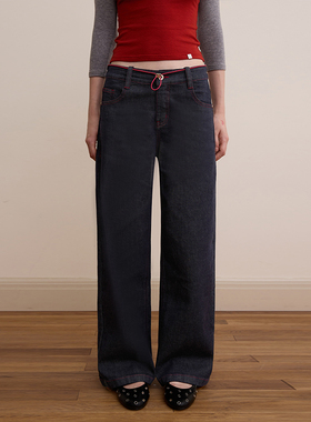 DKZ 深蓝色直筒牛仔裤女秋季新款撞色橡筋复古长裤