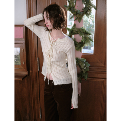 DKZ  慵懒风绑带针织开衫女秋冬新款修身内搭上衣