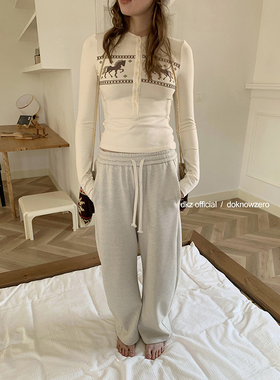 DKZ 灰色抽绳休闲裤女秋冬新款宽松百搭加绒弧形卫裤