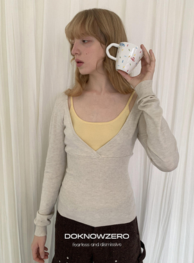 DKZ 假两件针织吊带上衣女秋冬内搭撞色拼接v领长袖上衣