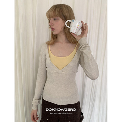 DKZ 假两件针织吊带上衣女秋冬内搭撞色拼接v领长袖上衣