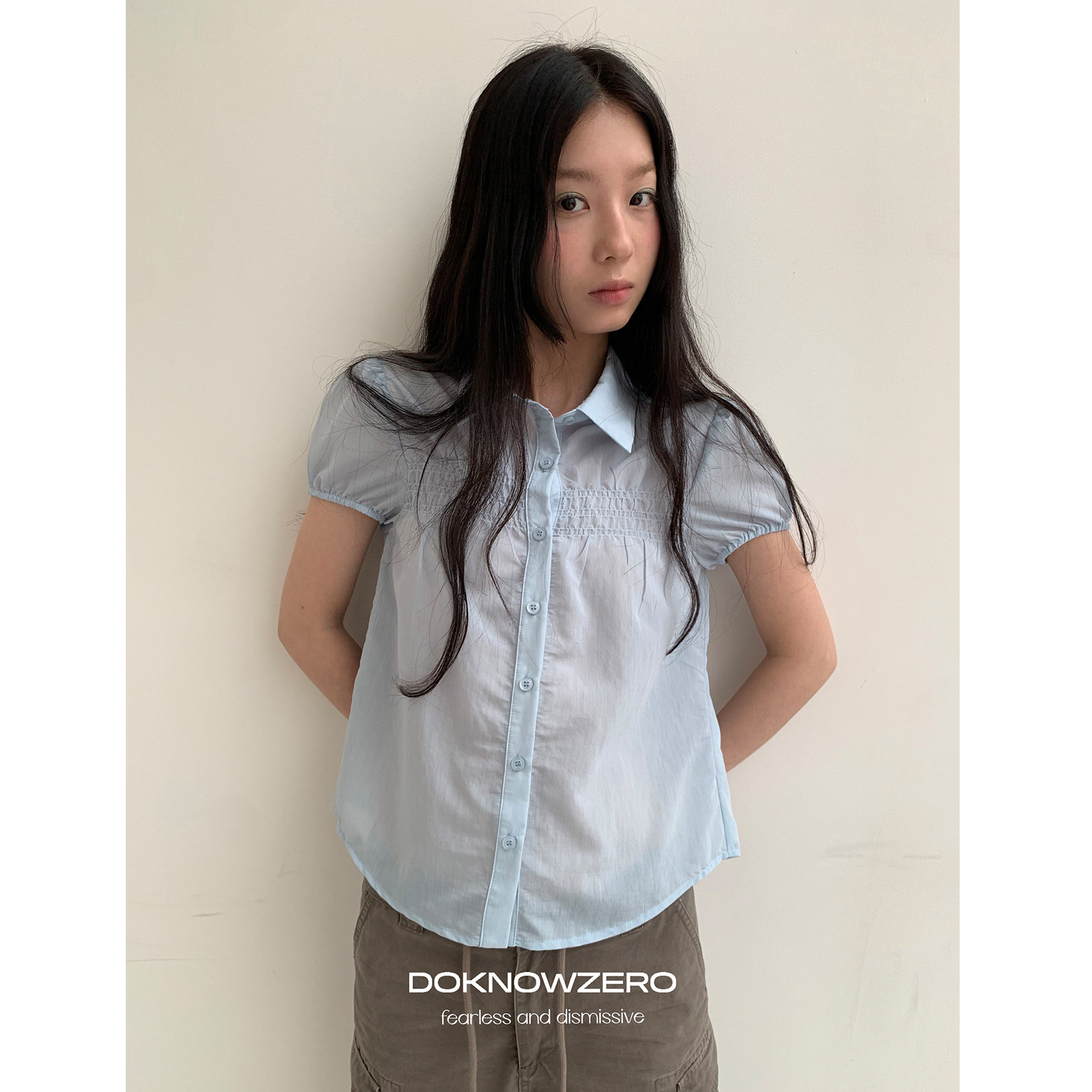 DKZ 浅蓝色泡泡袖衬衫 夏季新款微透捏褶少女风短袖上衣