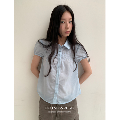 DKZ 浅蓝色泡泡袖衬衫 夏季新款微透捏褶少女风短袖上衣