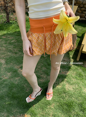 DKZ 橙色格纹花苞半身裙女夏季新款抽绳度假风短裙