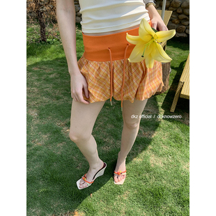 抽绳度假风短裙 新款 DKZ 橙色格纹花苞半身裙女夏季