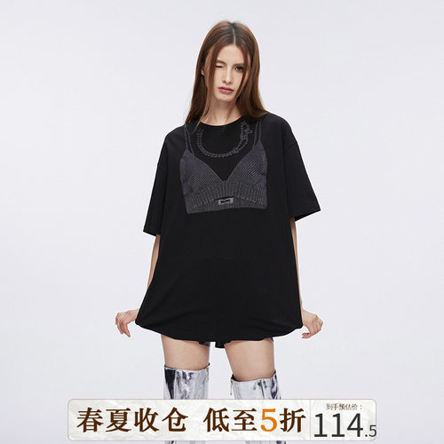 DKZ潮牌原创高街宽松百搭显瘦休闲短袖t恤女黑色圆领体恤上衣