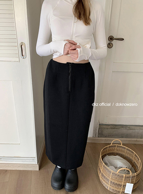 DKZ 黑色直筒半身裙女秋冬新款百搭简约中长裙子