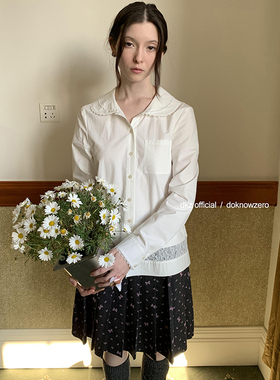 DKZ 白色重工刺绣拼接长袖衬衫女春季新款简约设计感衬衣